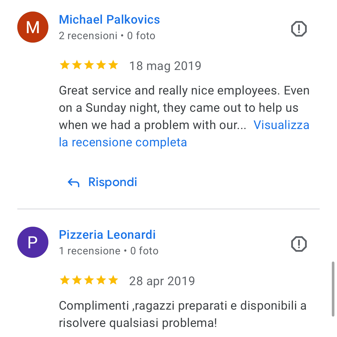 Recensioni Google: Michael Palkovics e Pizzeria Leonardi